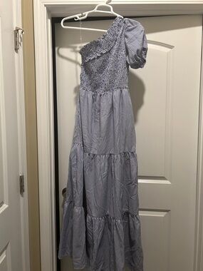 One-Shoulder Blue & White Striped Maxi Dress